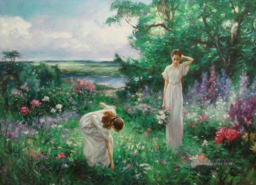 Impressionismus Werke - zwei Mädchen pflücken Blumen schöne Frau Dame